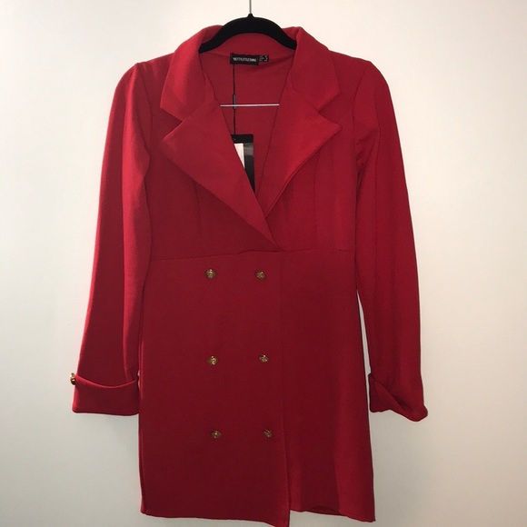 red gold button detail blazer dress